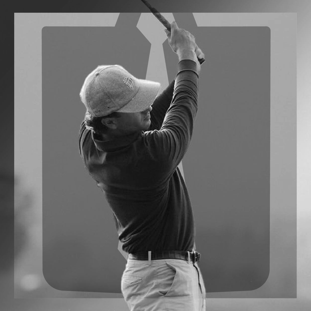 A golfer wearing a cap at the top of their backswing against a stylized grey background.