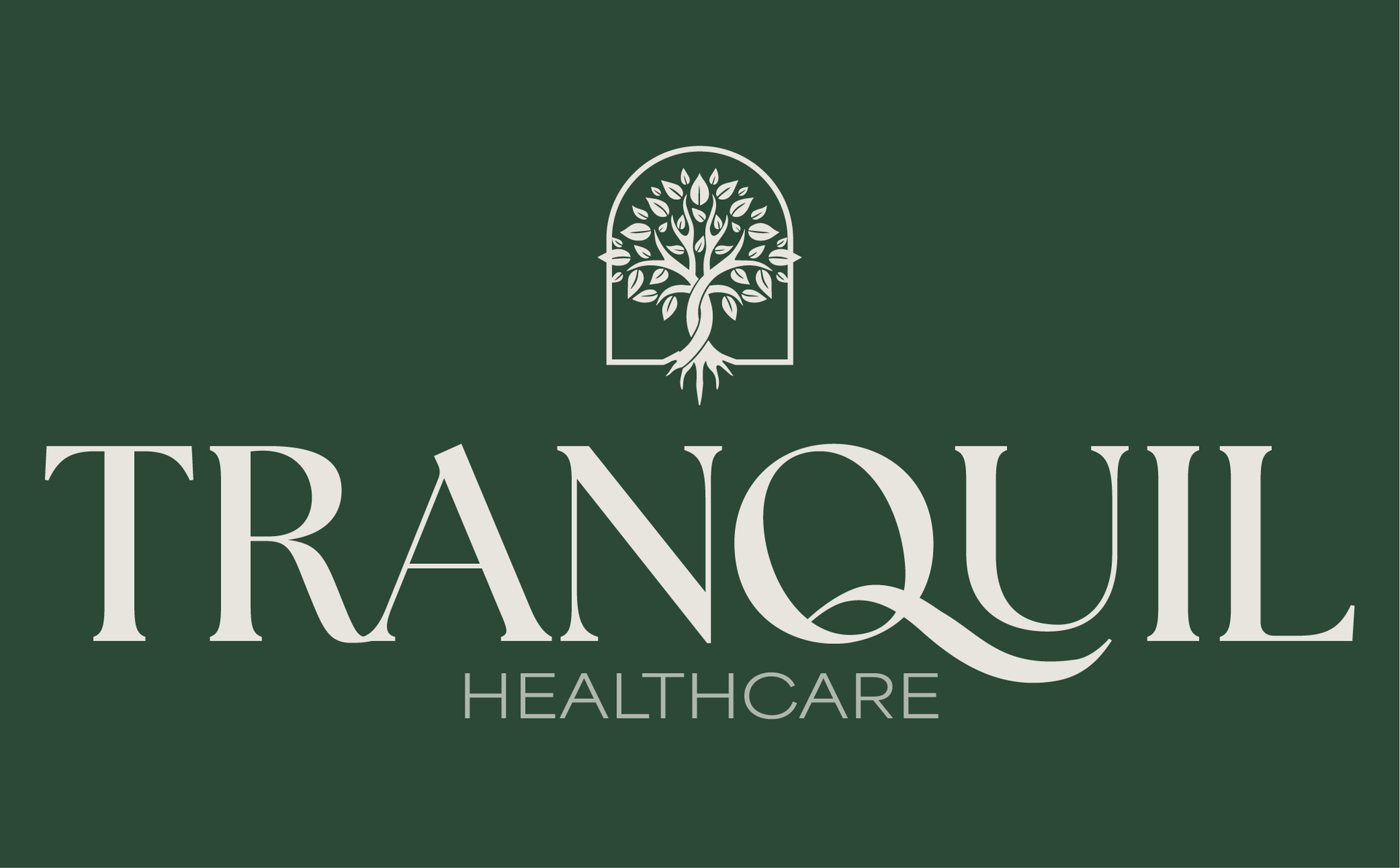 A dark green square featuring a white line-art tree in an arch above the text 