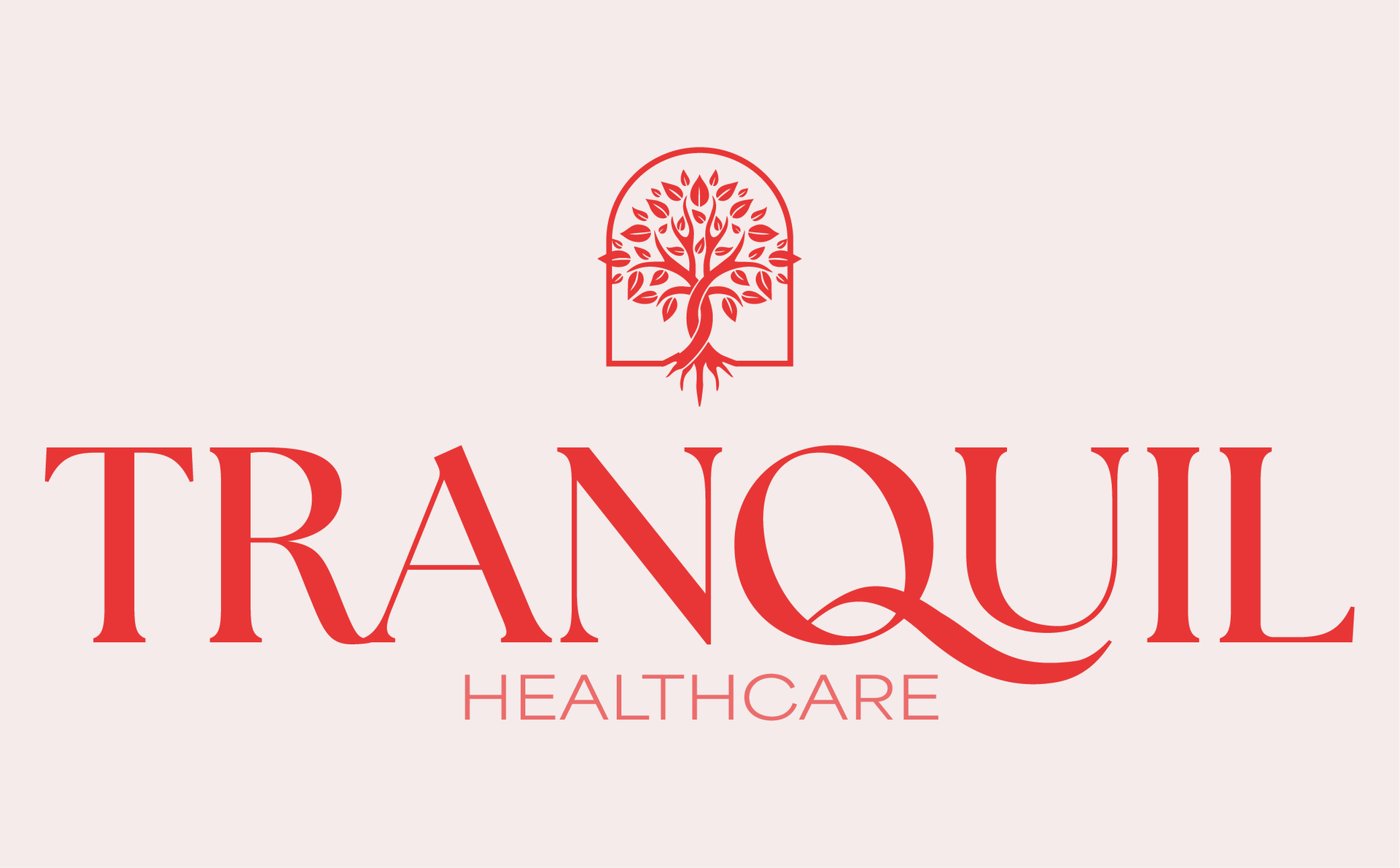 A red logo featuring a stylized tree inside an arch, with the text 