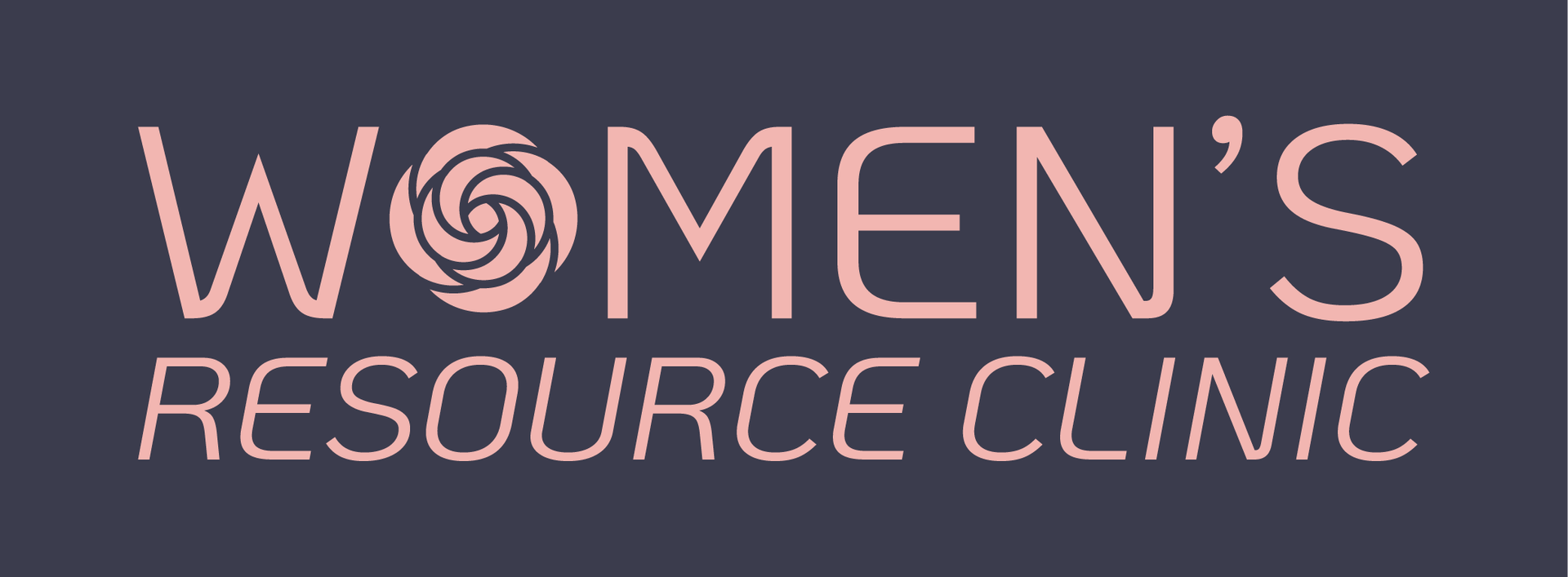 Logo for Women's Resource Clinic with pink text and a rose-shaped icon on a dark background.