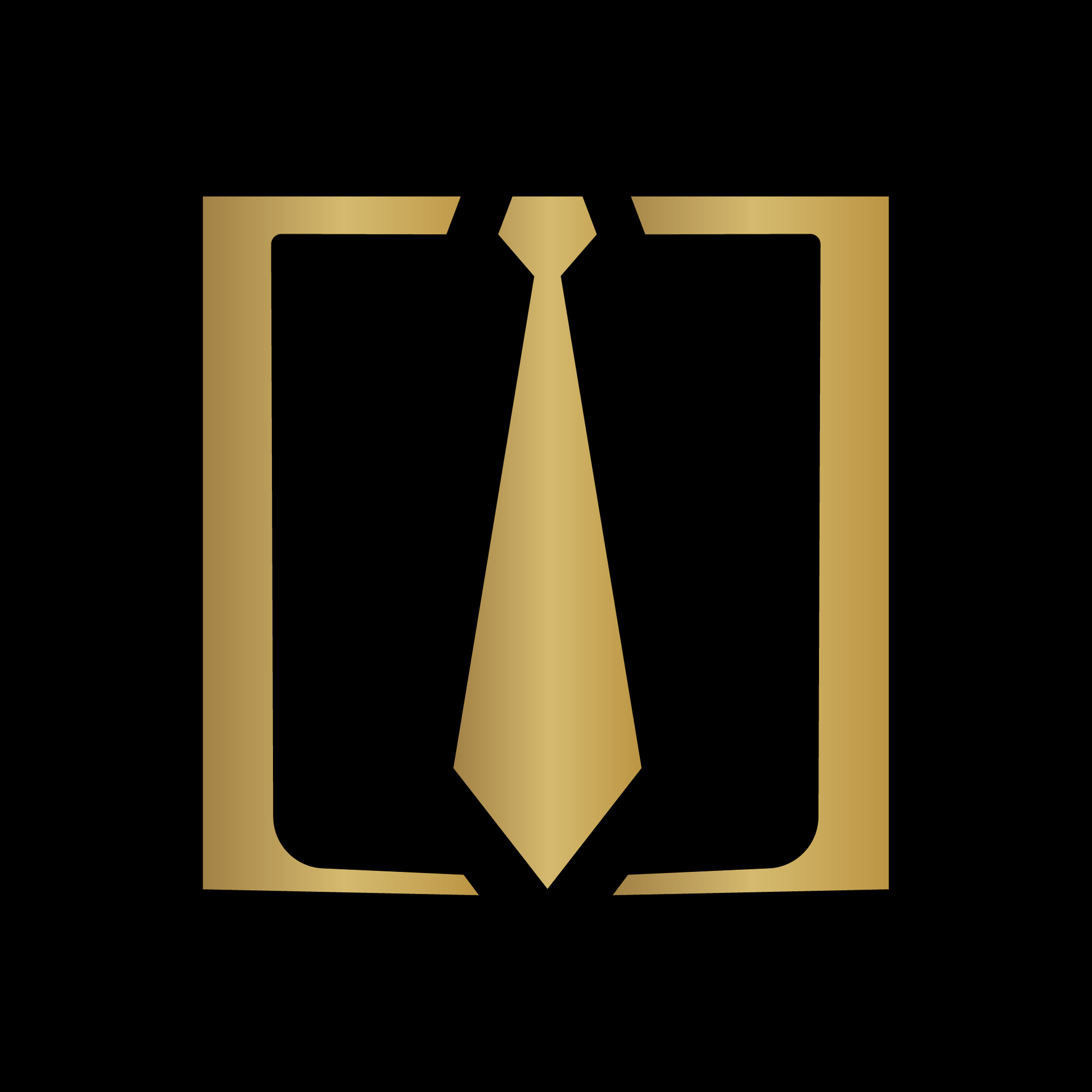 A gold necktie centered inside two gold brackets against a black background.
