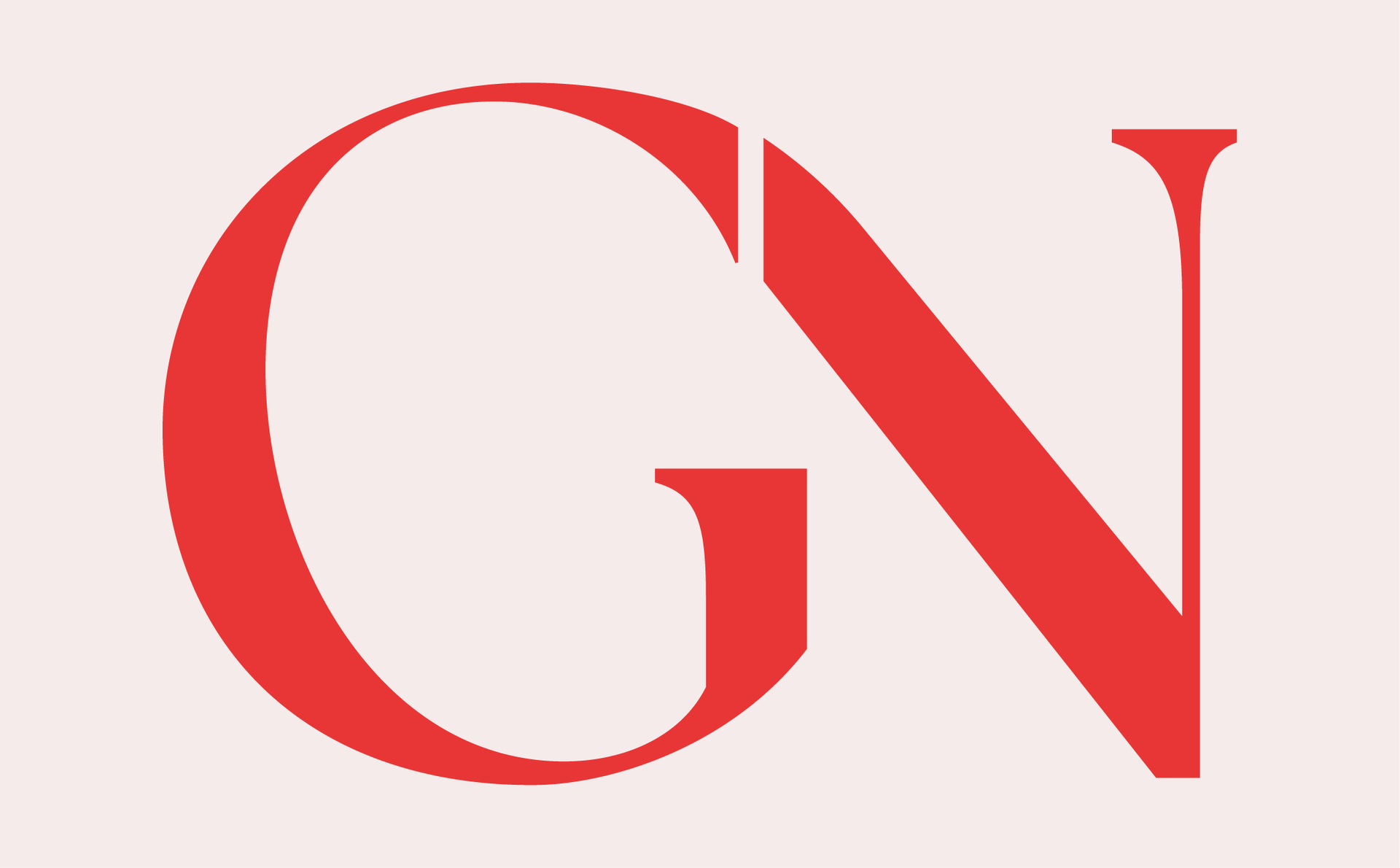 A red stylized capital letter G followed by a capital N on a pale pink background.