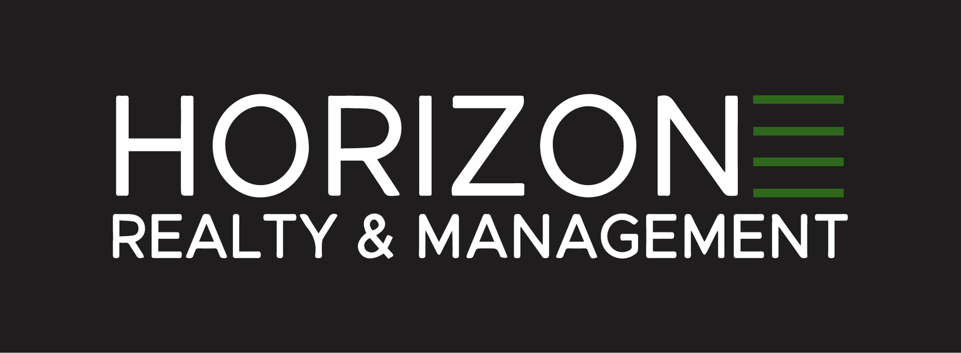 The Horizon Realty & Management logo, featuring white text and four horizontal green lines on a black background.