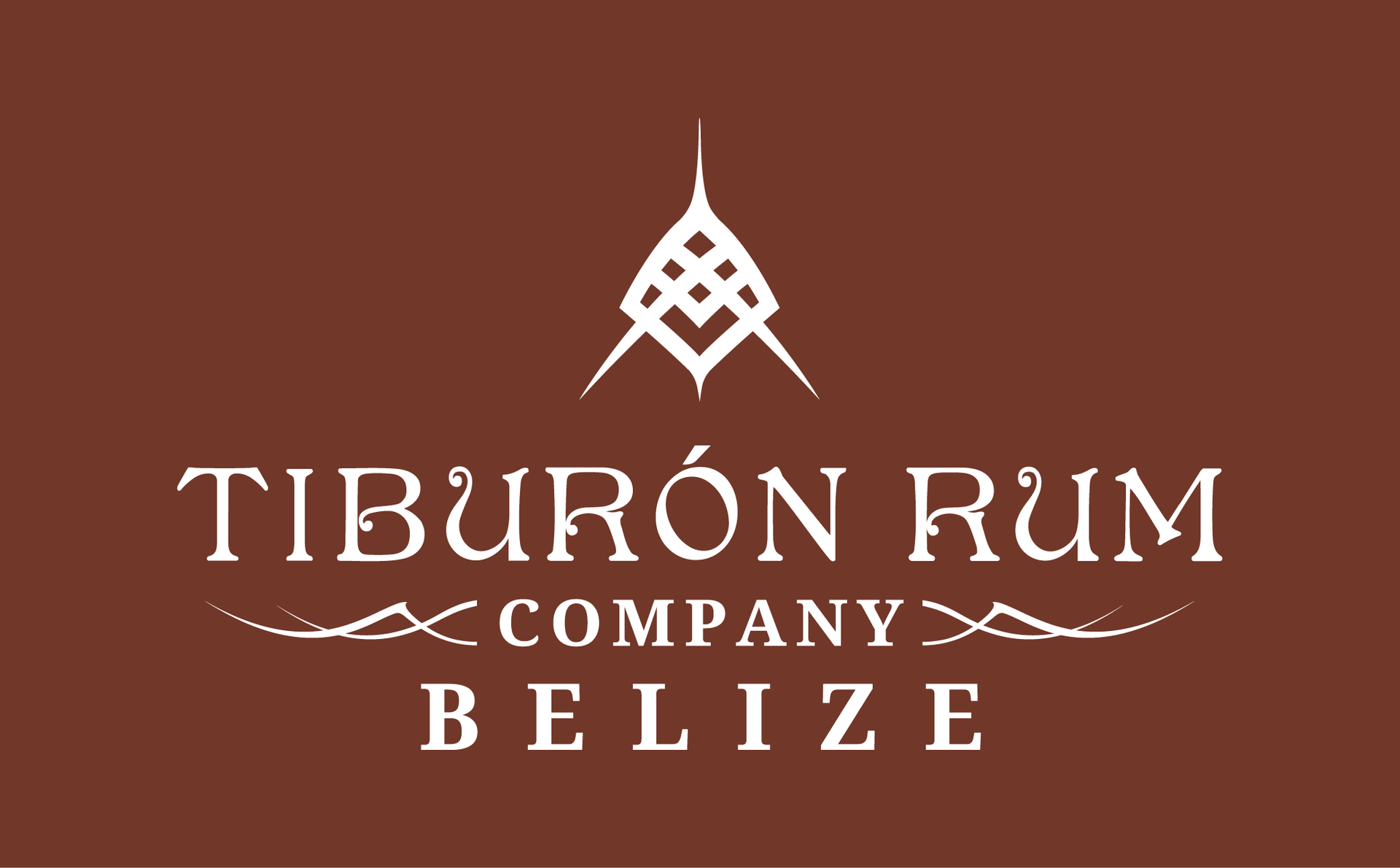 Logo for Tiburón Rum Company Belize, featuring a stylized shark fin icon above text on a solid brown background.