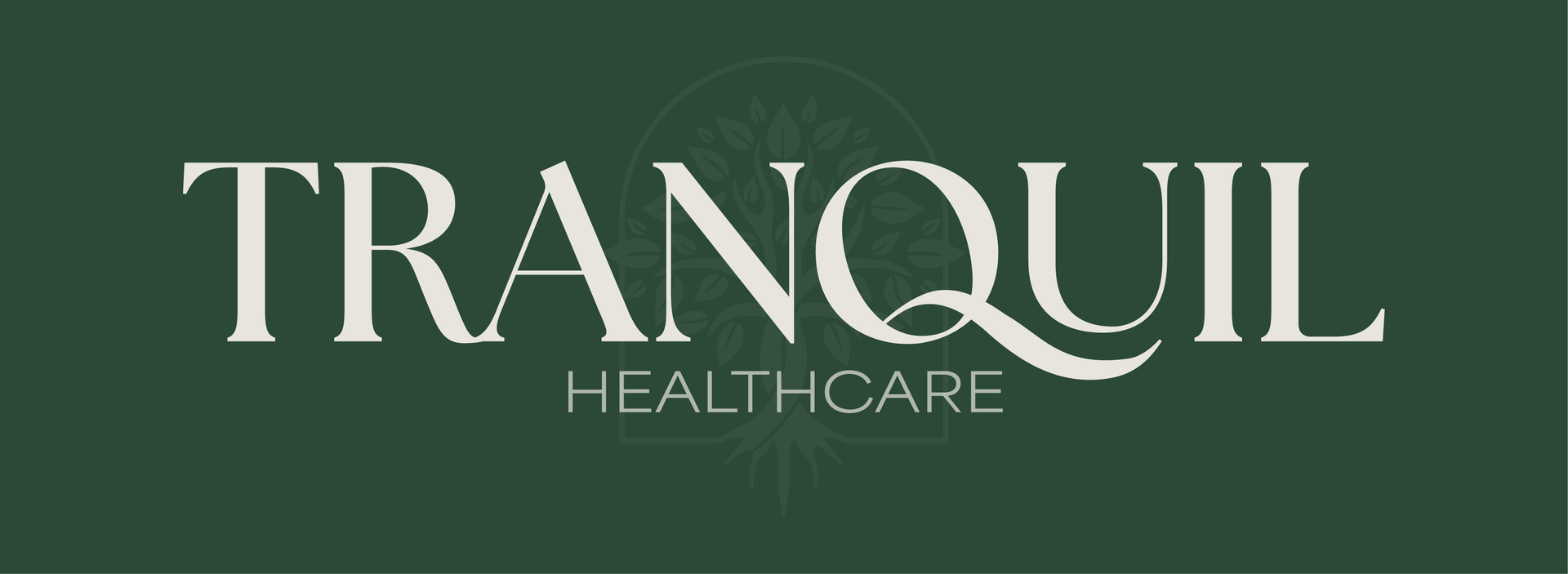 Tranquil Healthcare logo in white text on a dark green background with a faint, decorative tree illustration.