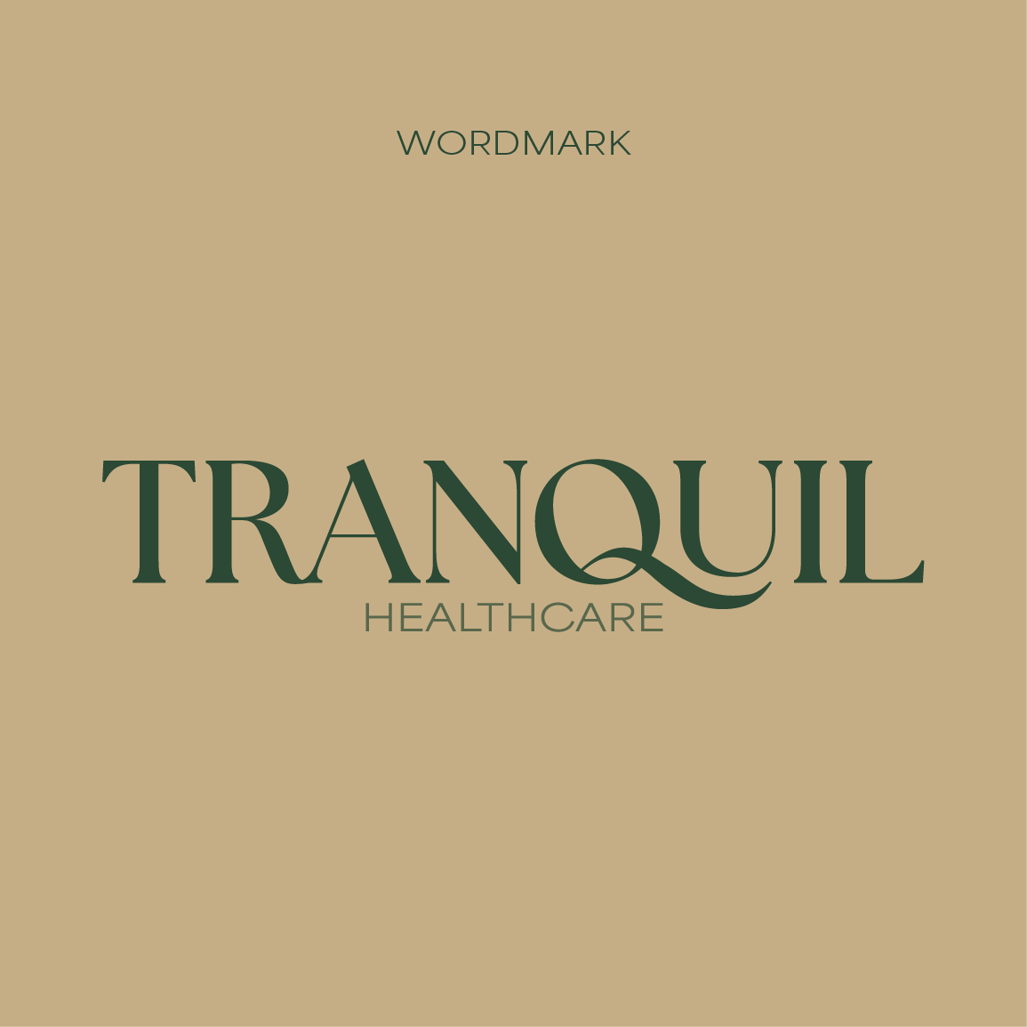 A dark green wordmark logo on a beige background reading 