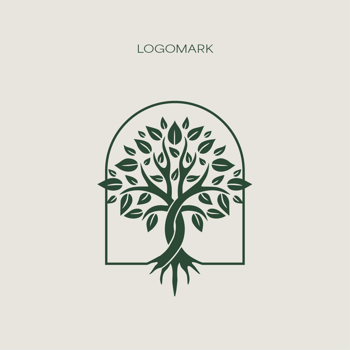 A dark green logo featuring a stylized, intertwining tree inside an arched frame, set against a light beige background.