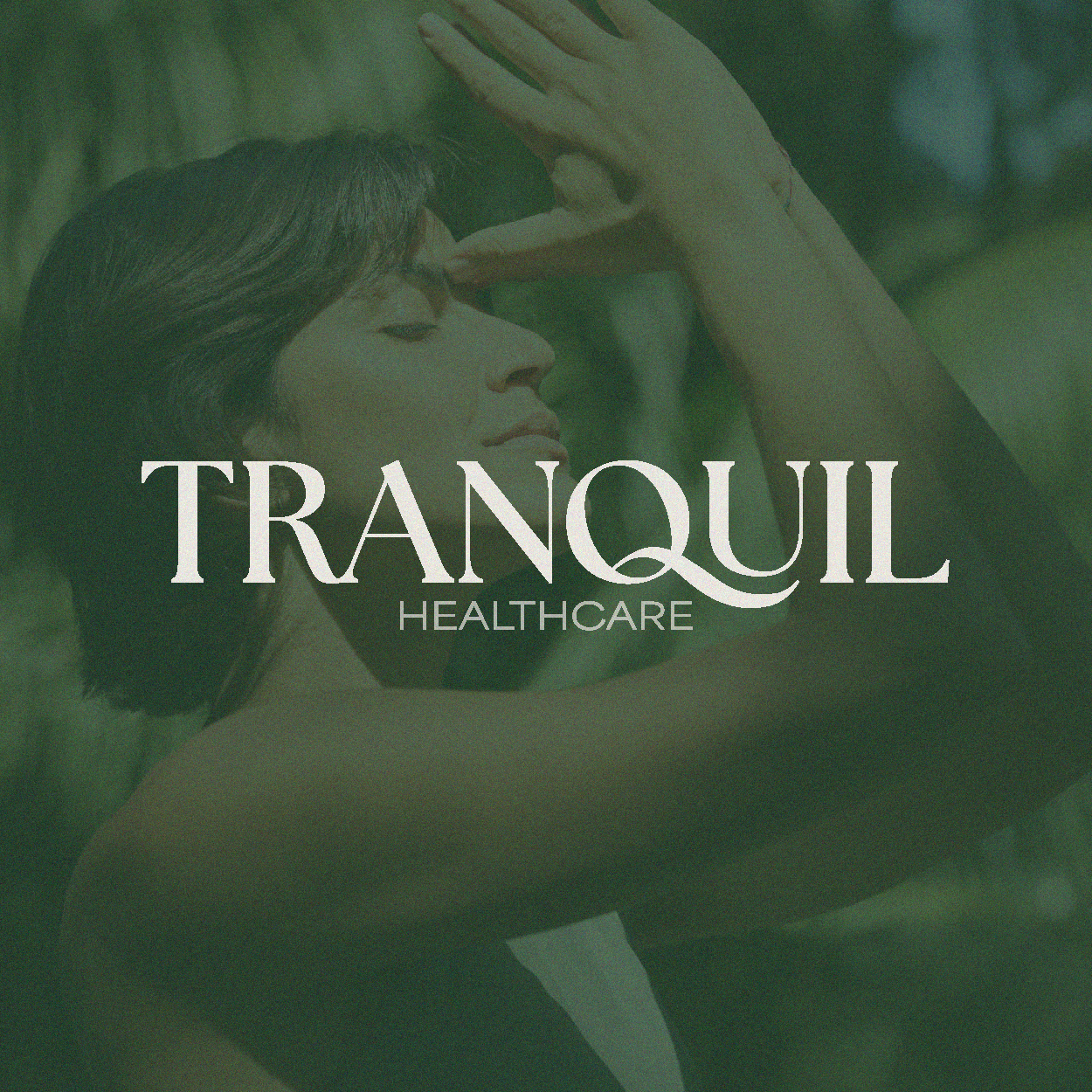 A person in a meditative pose with hands raised, overlaid with the text 