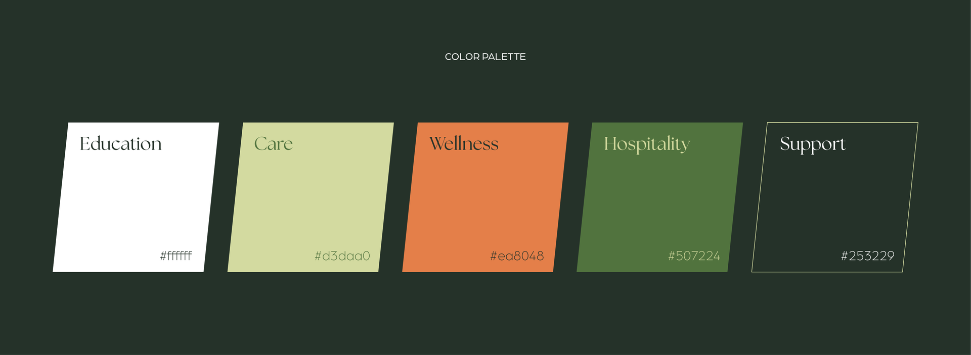 A color palette showing five swatches in shades of white, pale yellow, orange, olive green, and dark green.