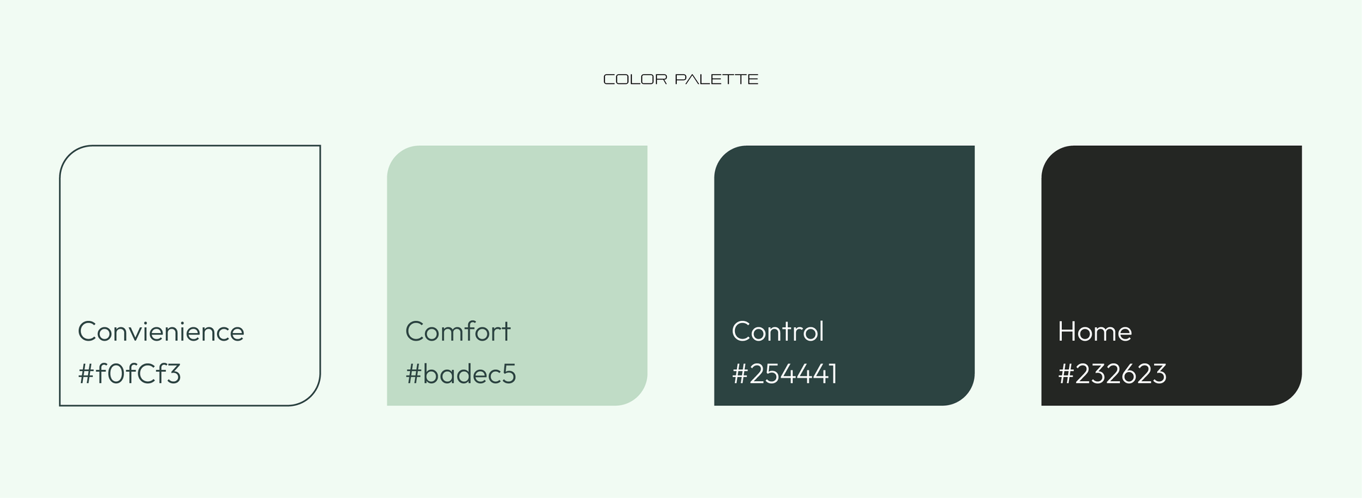 A palette of four color swatches, ranging from light green-white to sage, dark forest green, and charcoal black.