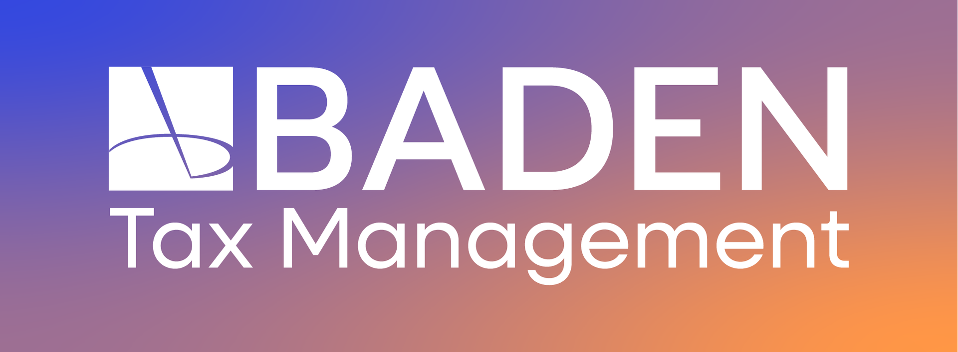 A logo for Baden Tax Management featuring a white abstract icon and text on a blue to orange gradient background.