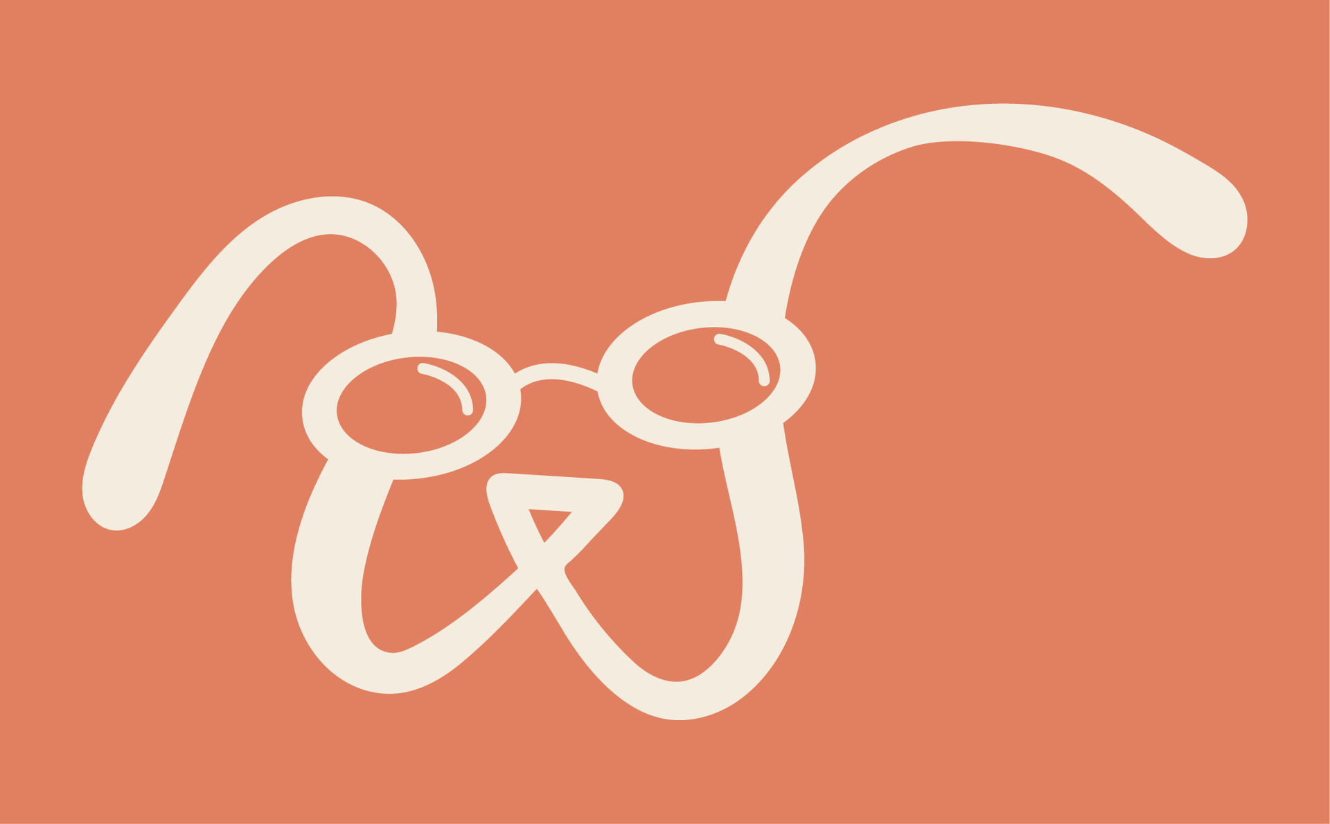 A minimalist line drawing of a dog wearing glasses, depicted in cream-colored lines against a salmon-orange background.