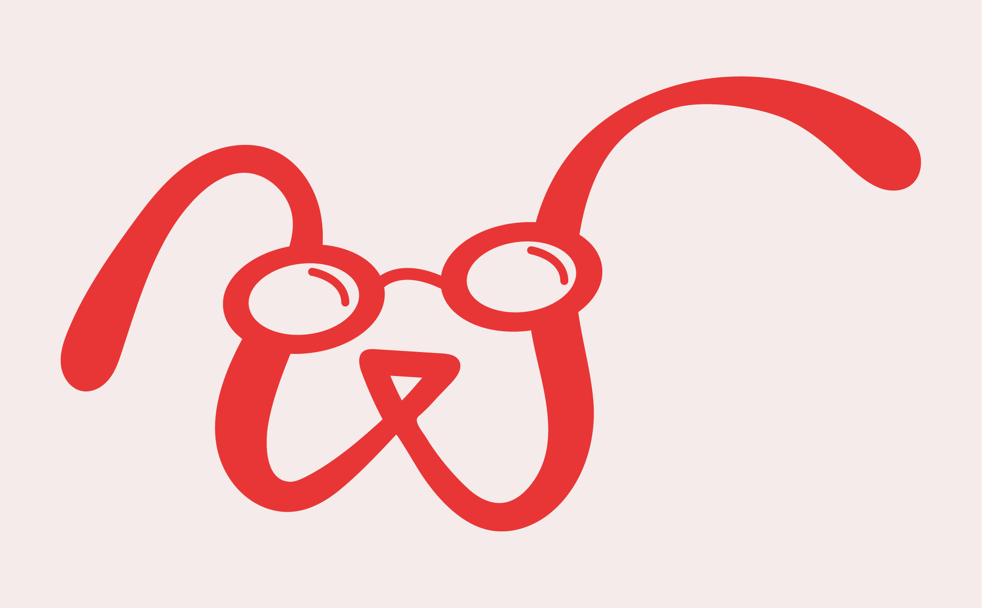 A red line art logo featuring a stylized dog head wearing round glasses, set against a light pink background.