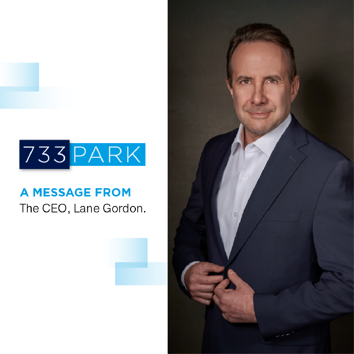 Lane Gardon, CEO of 733 Park, in a suit, pictured next to the company logo on a white background.
