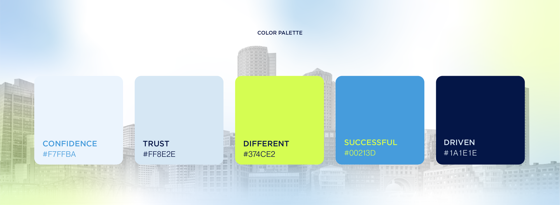 Five colored squares with text labels “CONFIDENCE,” “TRUST,” “DIFFERENT,” “SUCCESSFUL,” and “DRIVEN” over a city background.