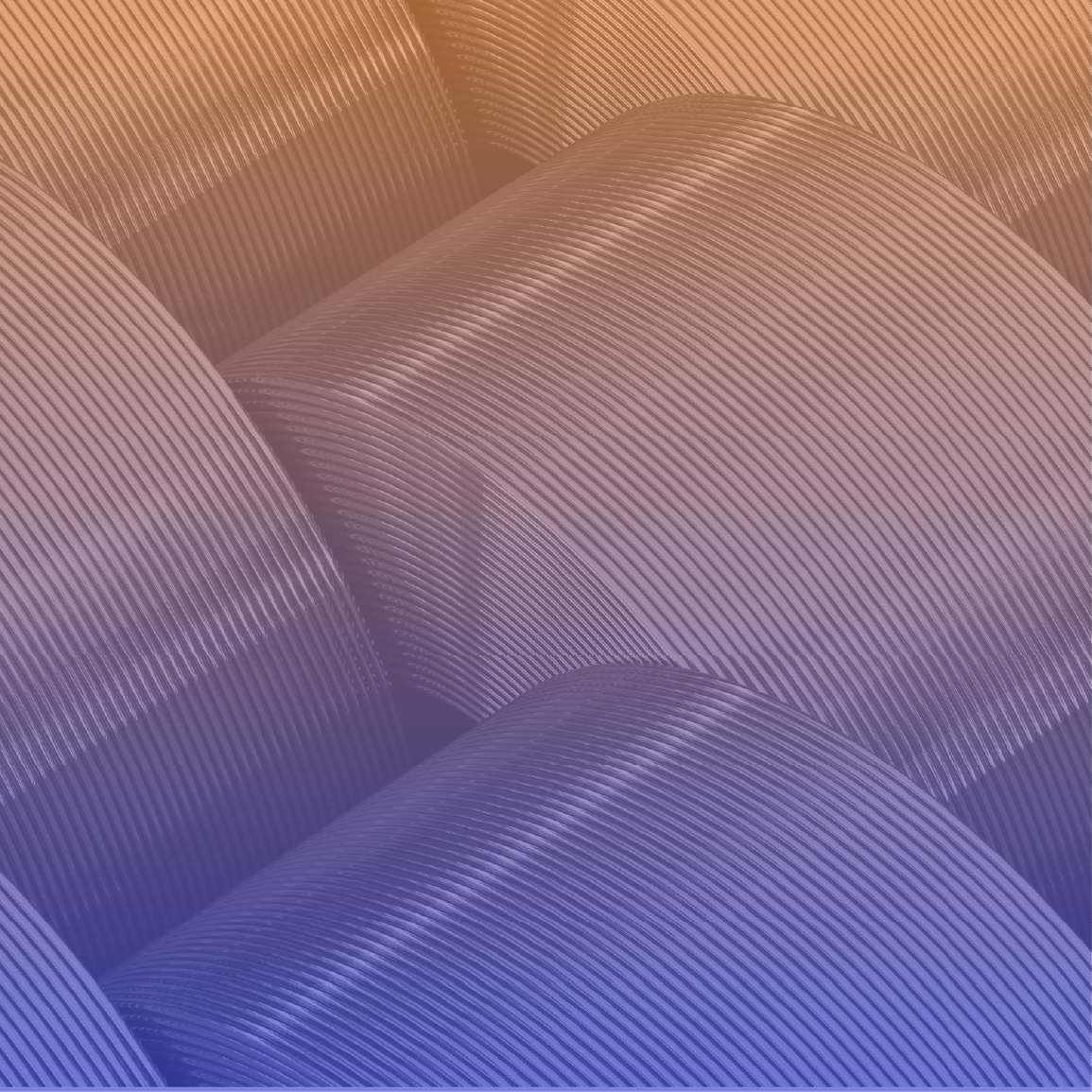 Close-up of tightly wound rolls of ribbed, purple-tinted industrial fabric or paper, bathed in a warm orange light.