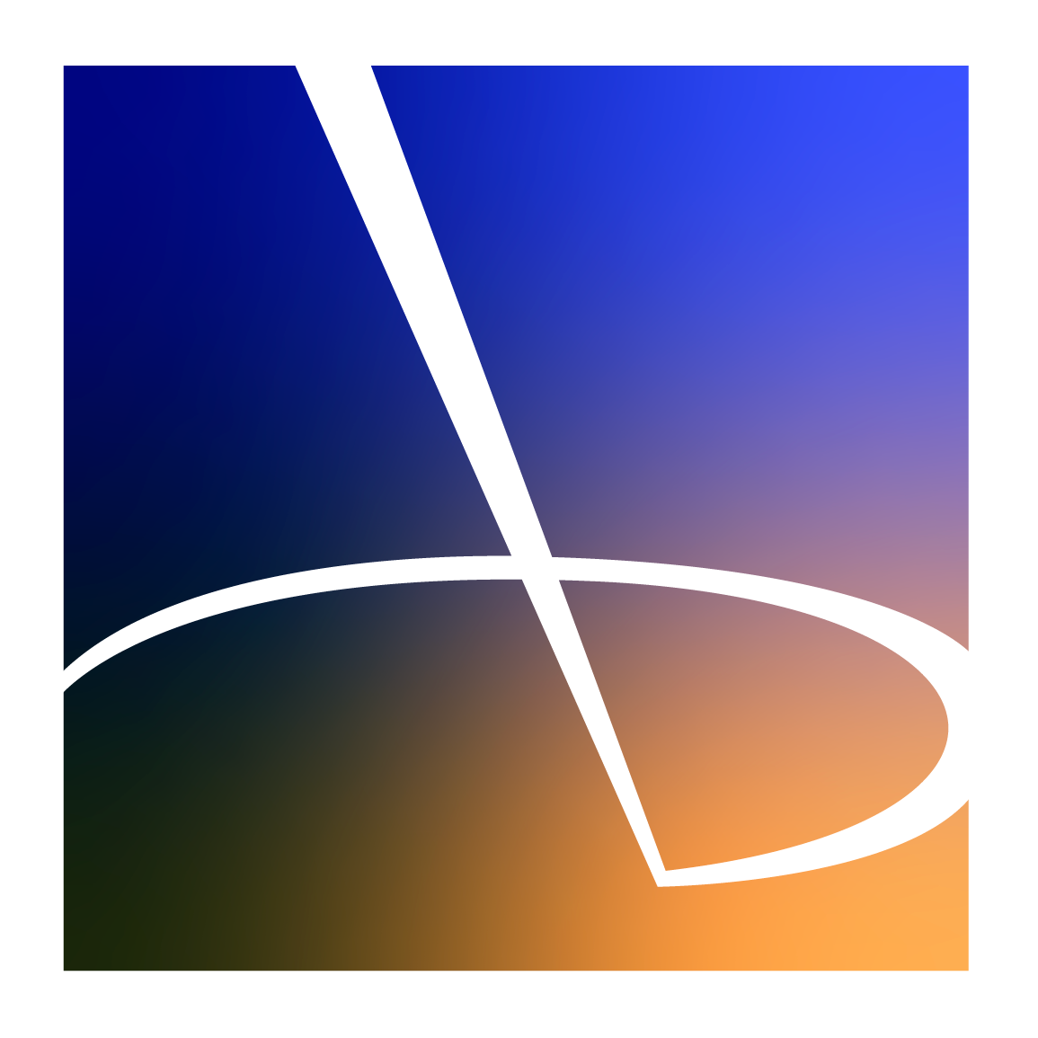 Abstract logo featuring a white curved line intersecting a diagonal line against a blue-to-orange gradient square background.