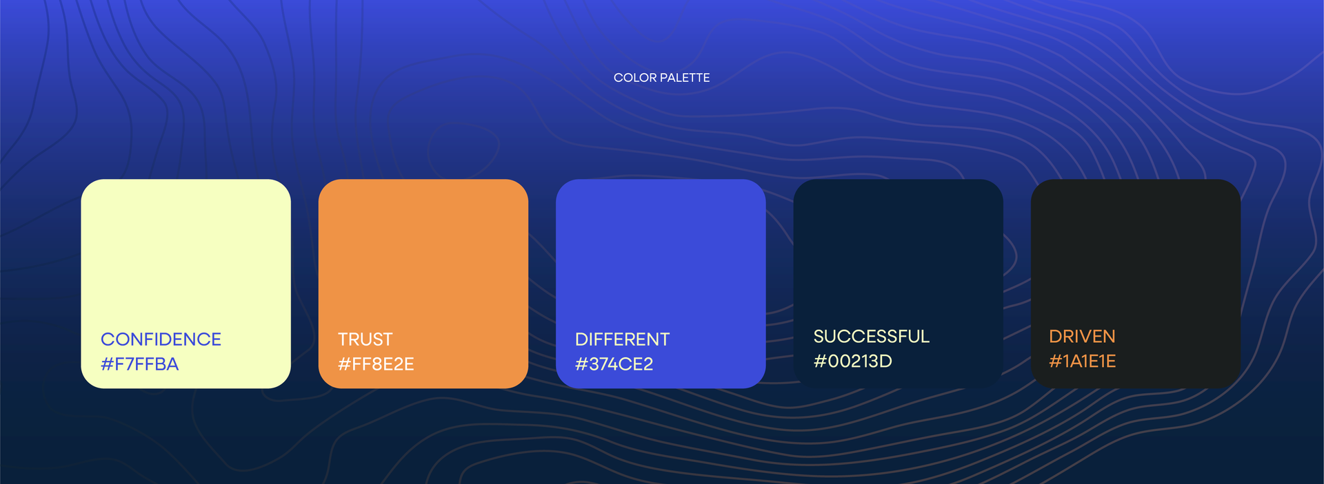 A color palette featuring five rectangular swatches ranging from pale yellow to orange, blue, navy, and charcoal black.