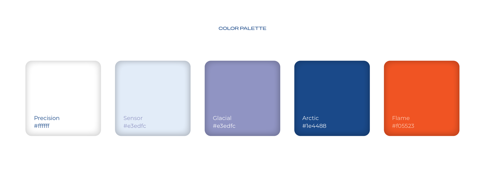 A color palette featuring five swatches: white, light blue, periwinkle, dark blue, and orange, each with hex code labels.