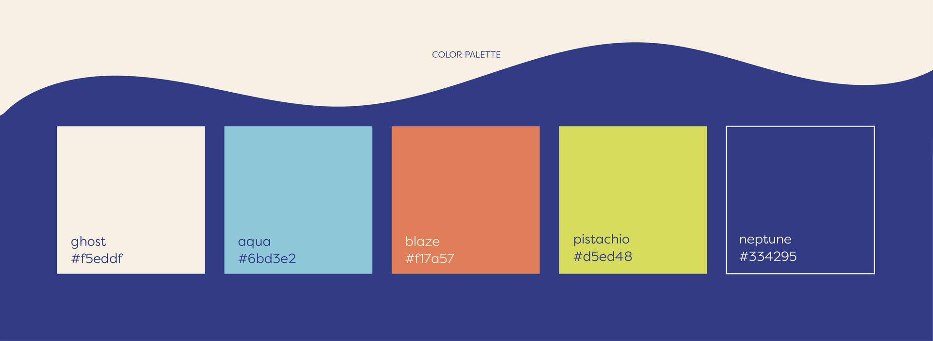 A color palette graphic featuring cream, light blue, coral, lime green, and dark blue squares on a navy blue wave background.