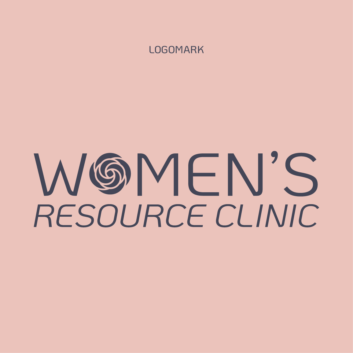 Logo for Women’s Resource Clinic featuring a dark grey spiral floral icon replacing the letter O, on a light pink background.