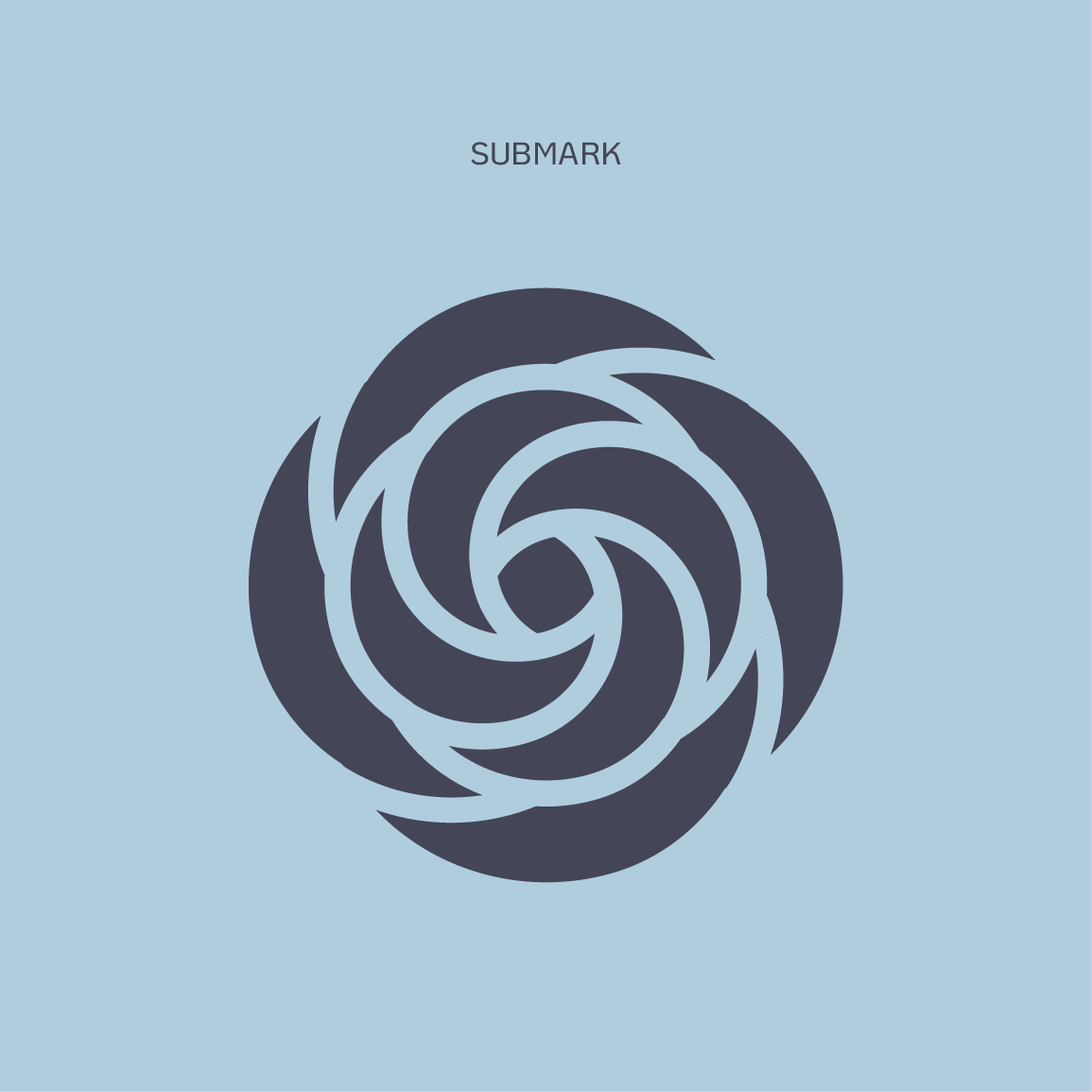 A dark charcoal logo of four swirling, interlocking curved shapes centered on a light blue background.