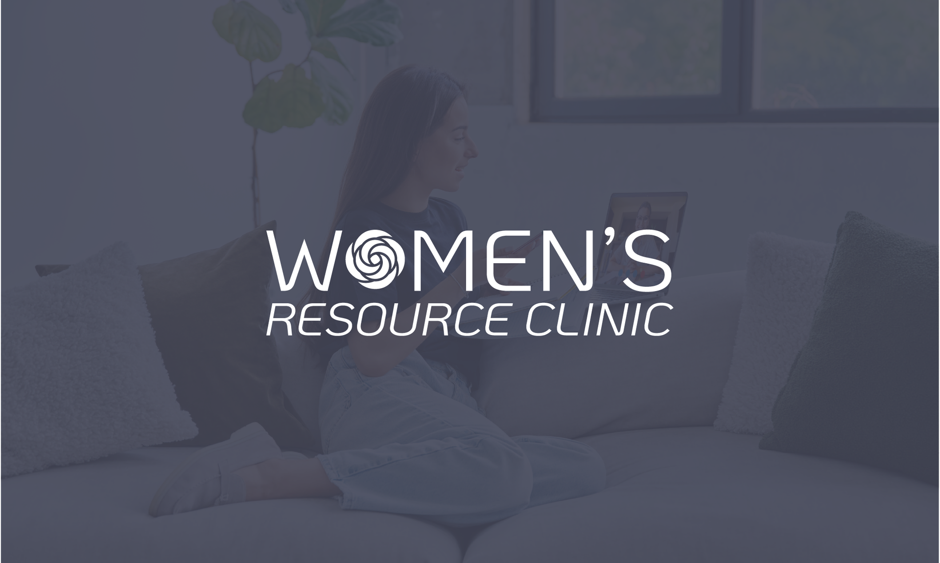 A woman sits on a sofa, looking at a laptop. Overlaid is the text 