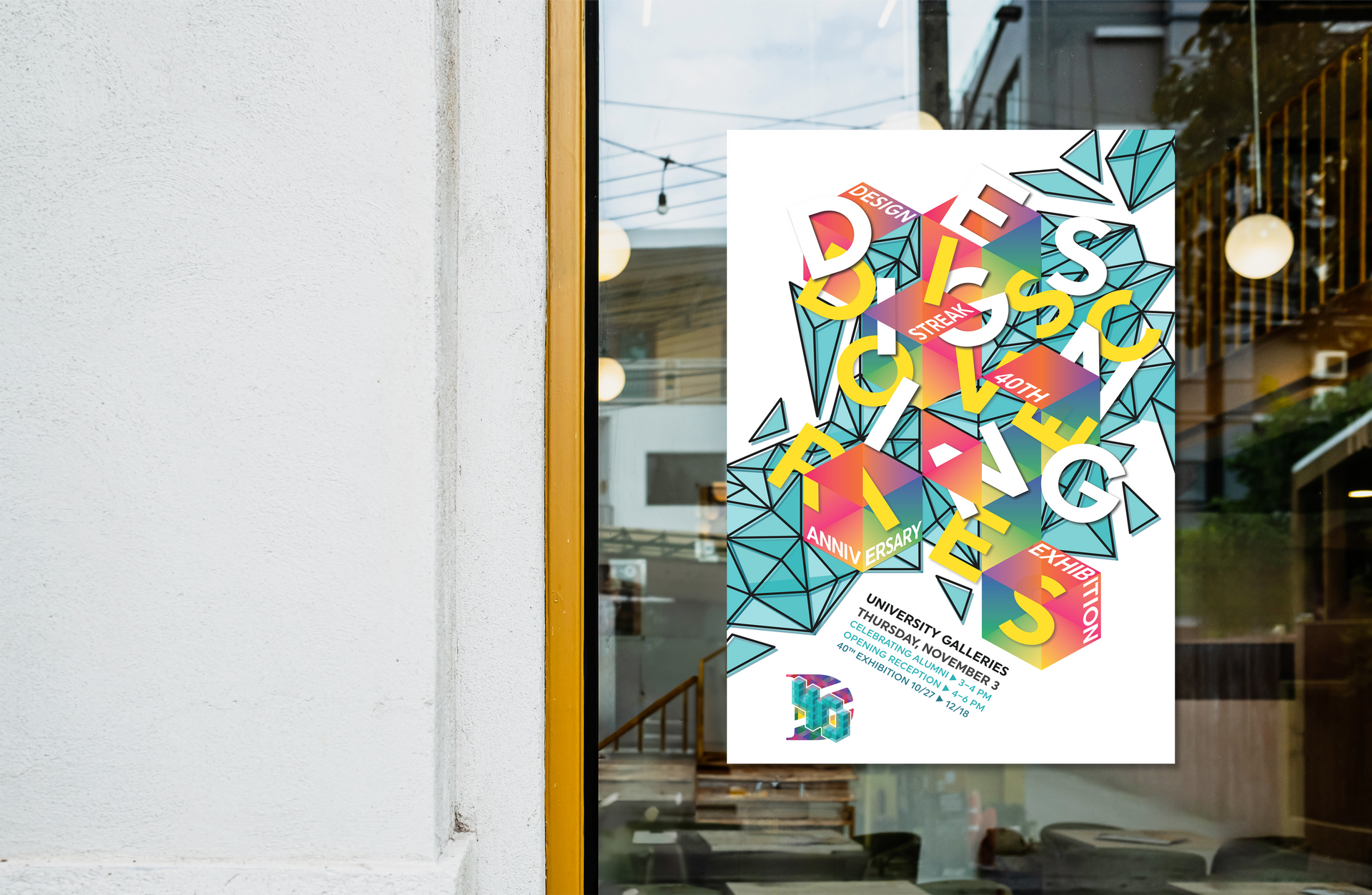 A poster on a glass window features a colorful, geometric diamond pattern and text promoting a creative event.