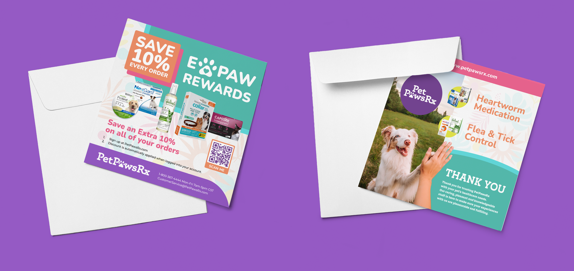 Two white envelopes with marketing cards featuring 