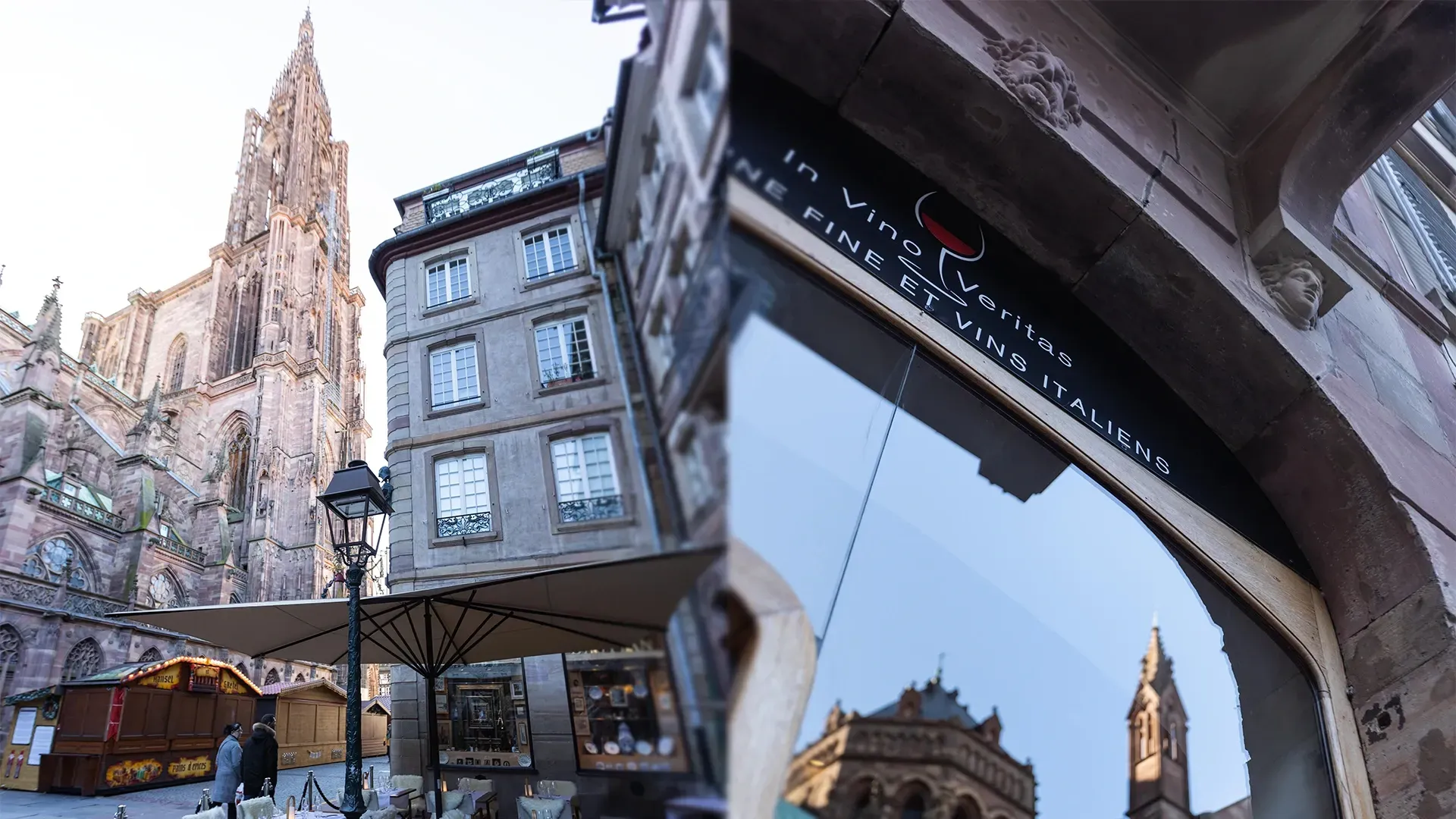 Une photo d'un bâtiment avec un panneau indiquant « in vino » dessus