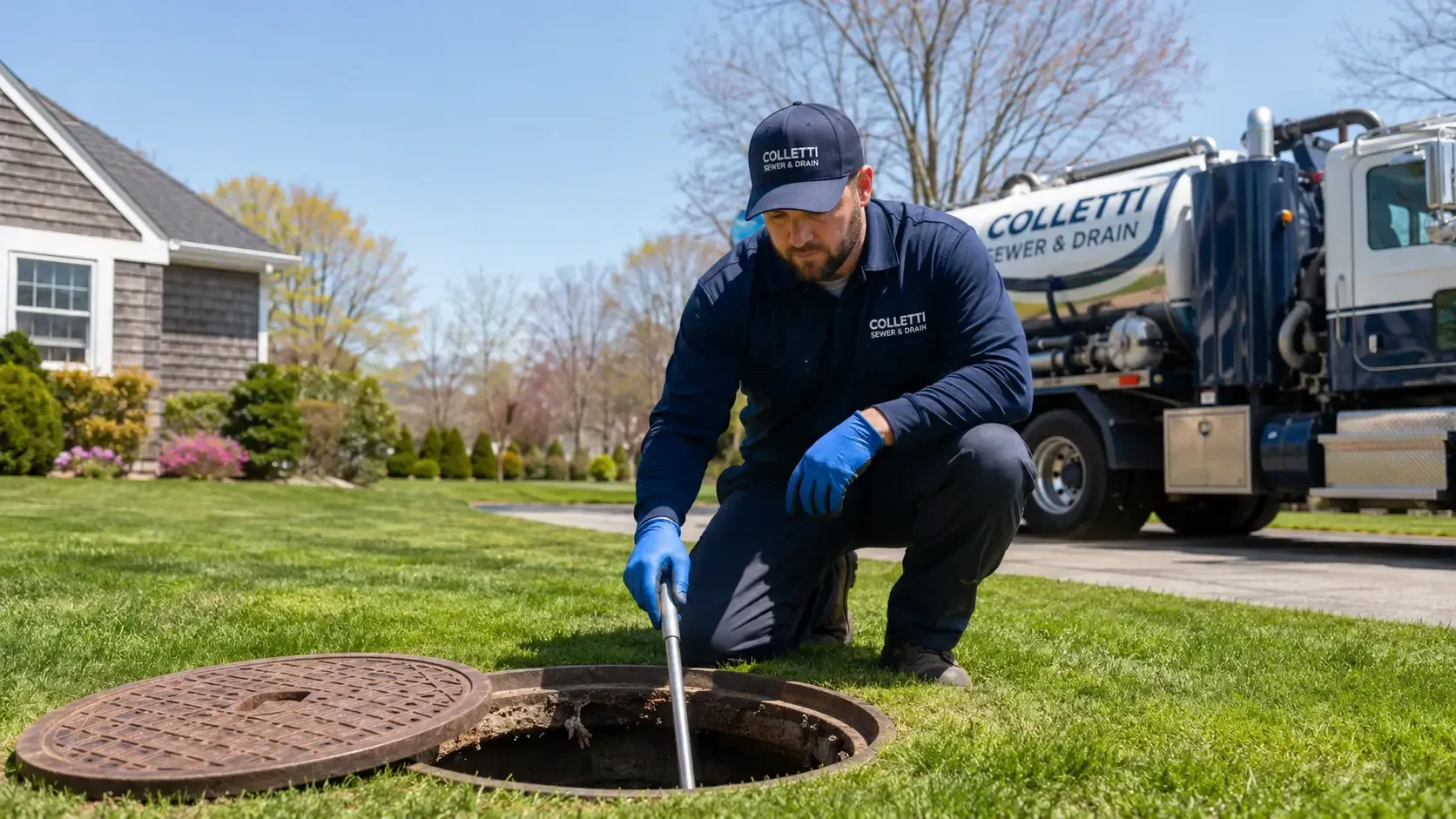 Colletti Sewer & Drain technician inspecting a Suffolk County cesspool before pumping
