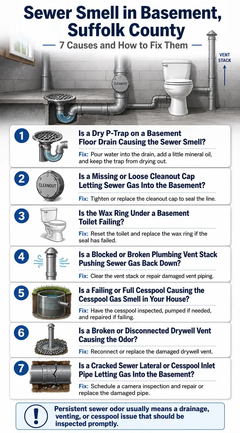 Sewer smell in basement Suffolk County, 7 causes and how to fix them

