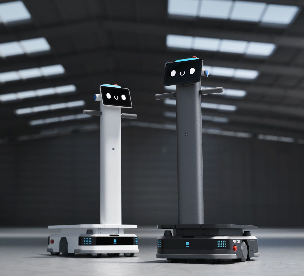 An automated guided vehicle (AGV) with a touch screen display on a pole. Gray, white, and blue accents.