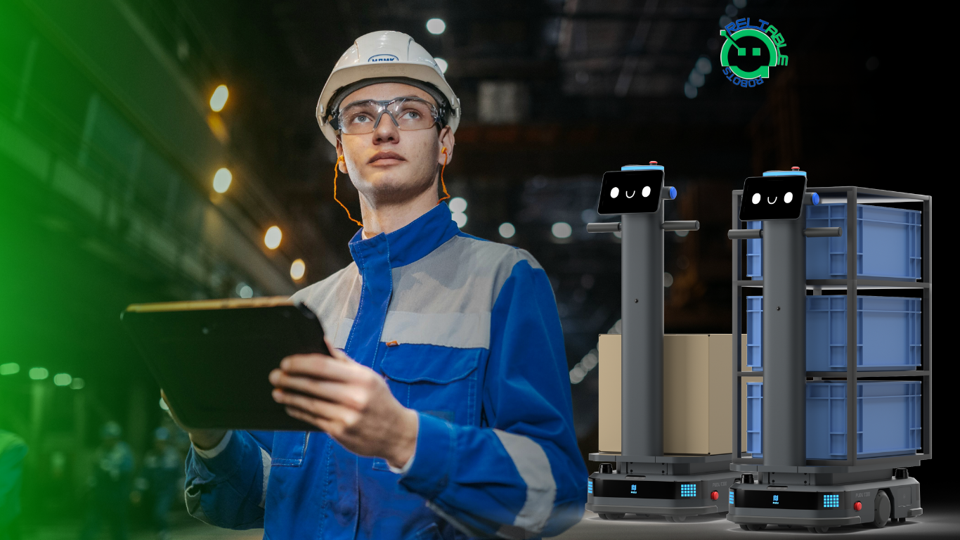 Two industrial robots in a dark warehouse setting. One is white, the other dark gray, with lit screens.