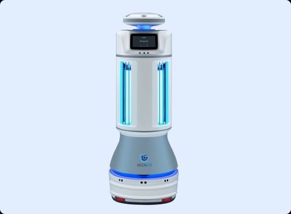 A white and blue autonomous UV-C disinfecting robot.