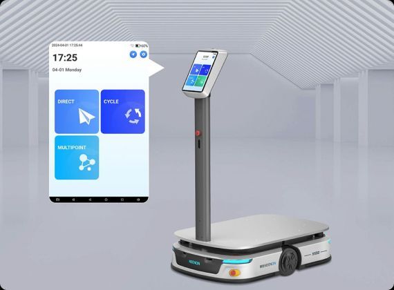 Robot with screen displaying app options: Direct, Cycle, and Multi-point. Time 17:25 shown. White setting.