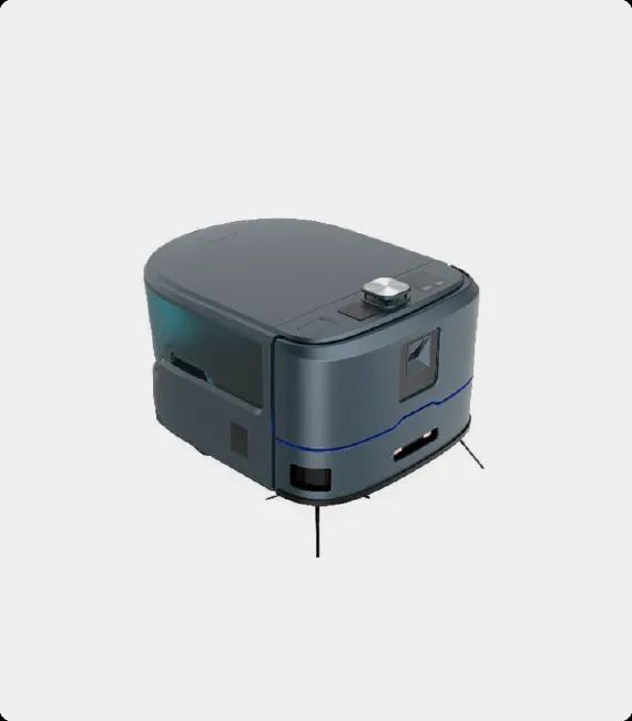 Dark blue robotic vacuum cleaner with a silver knob.