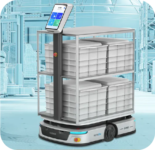 Autonomous mobile robot carrying bins, with a touchscreen display, in a warehouse setting.
