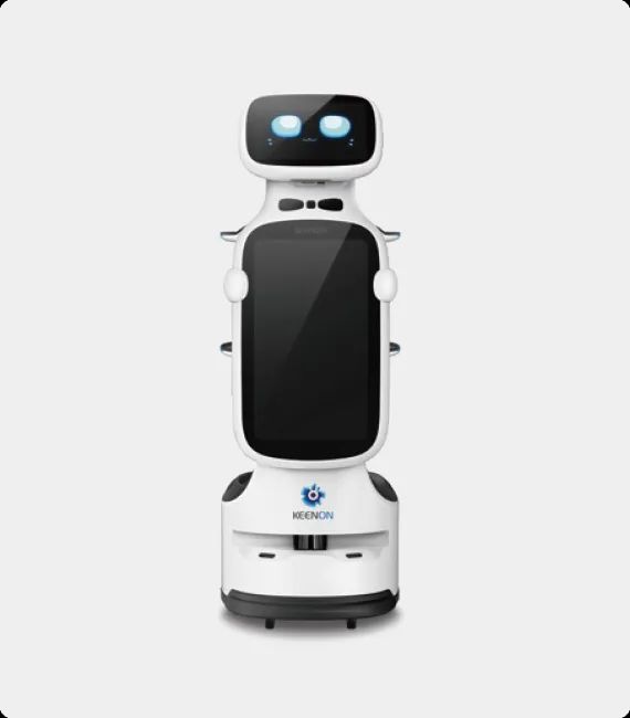 White service robot with a screen, in a clean, modern design.