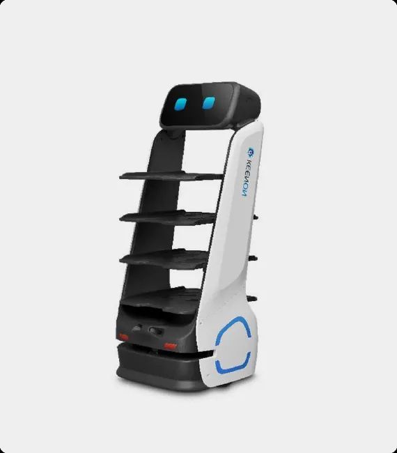 White and black service robot with shelves; blue accents.