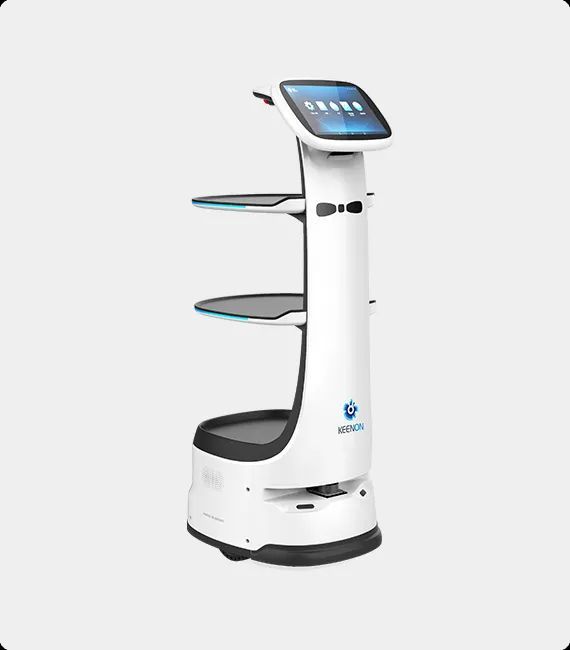 White service robot with shelves and touch screen, for deliveries.