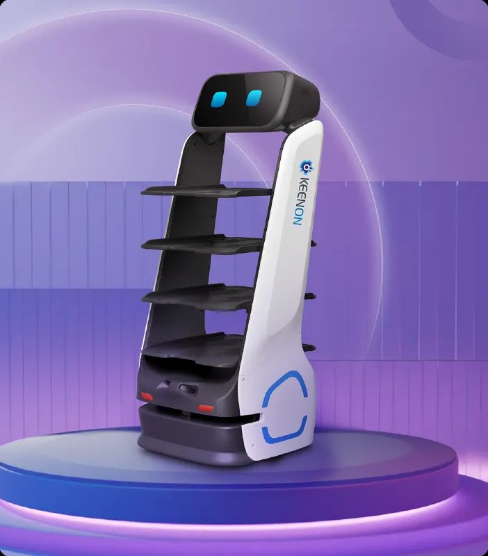 A delivery robot with shelves, white and black, on a purple podium.