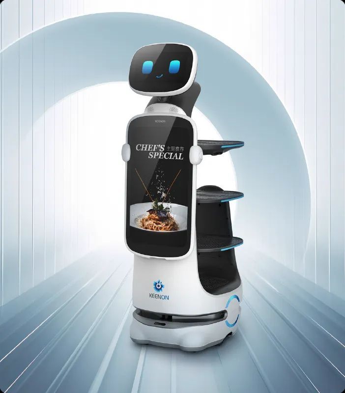 Robot server, white with black accents, with a digital display showing a food dish. Blue accents.
