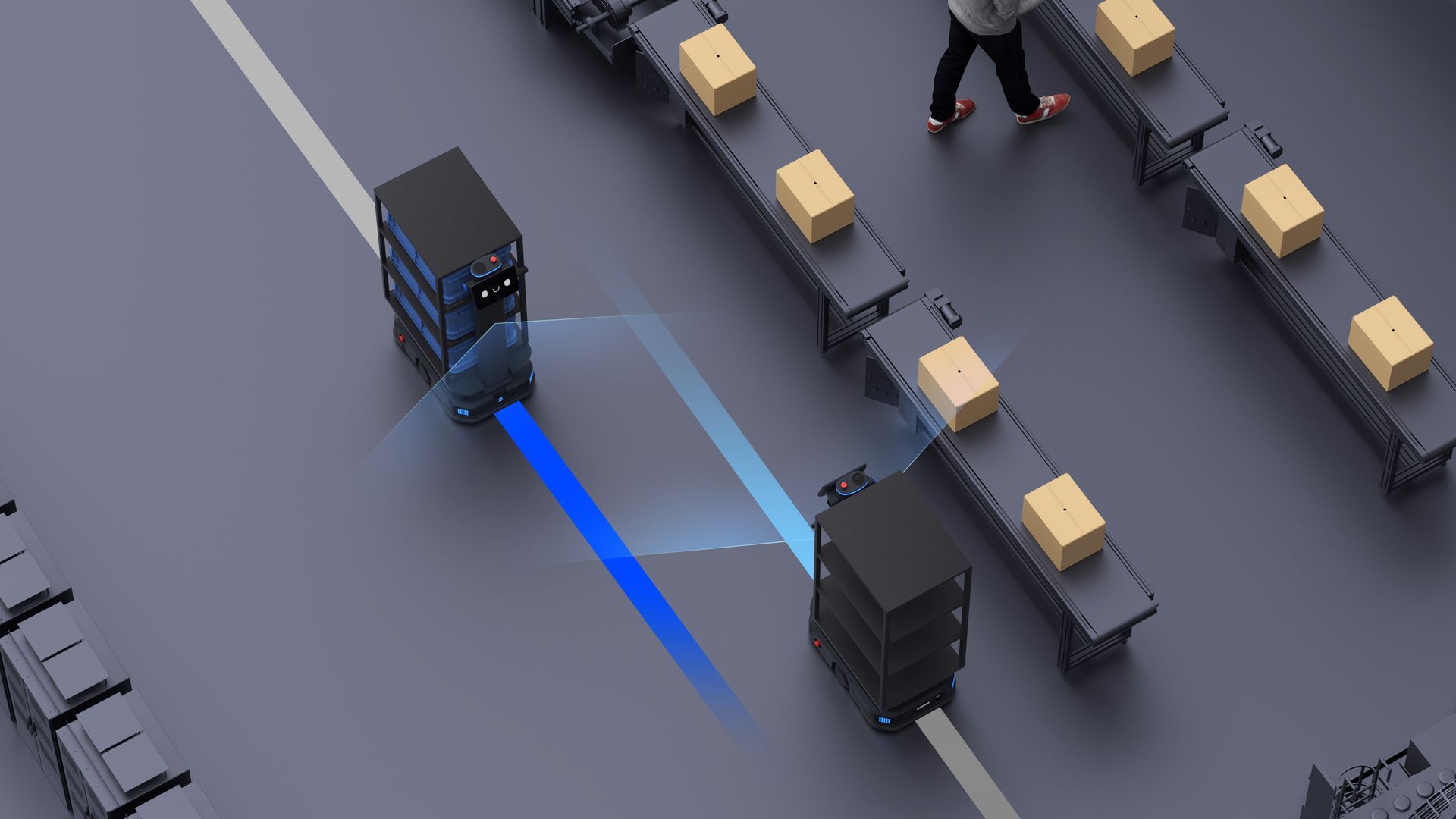 Two autonomous robots transporting goods near conveyor belts. A person walks nearby.