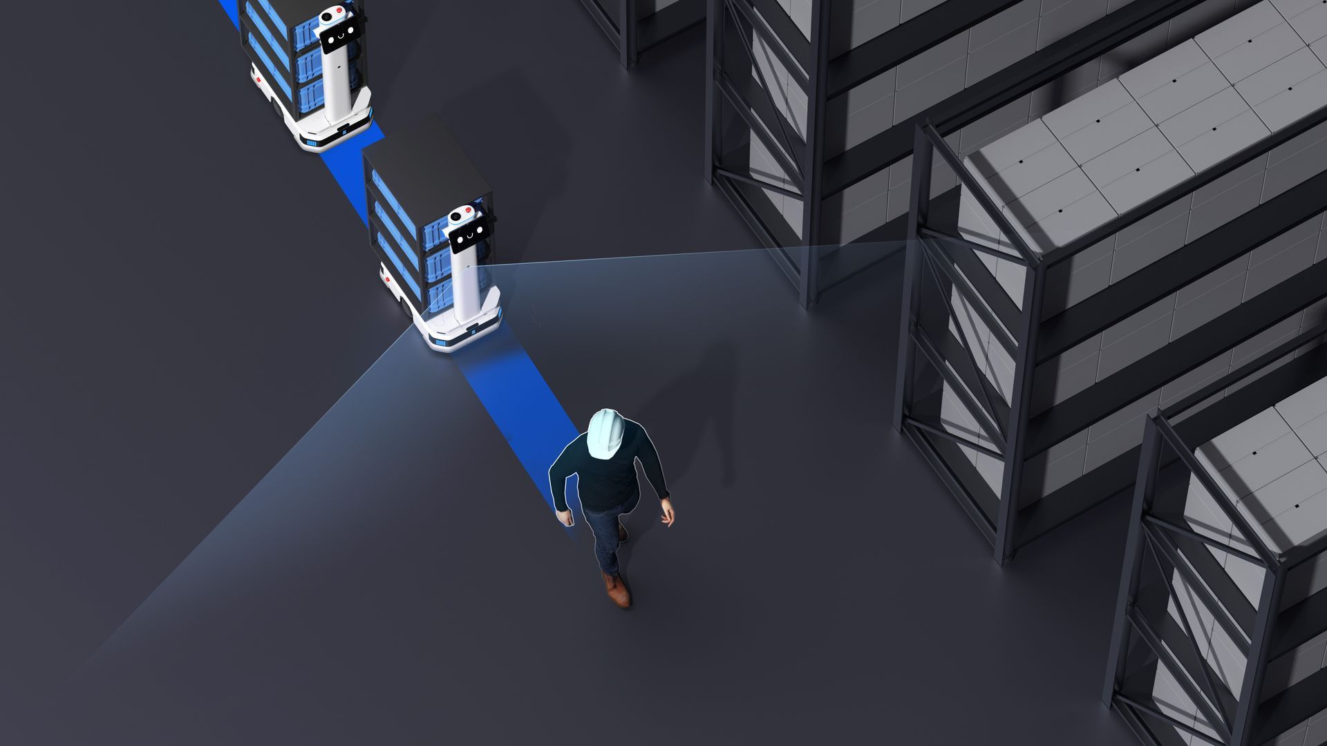 A person walks in a warehouse, robots on rails with blue light paths, near storage racks.