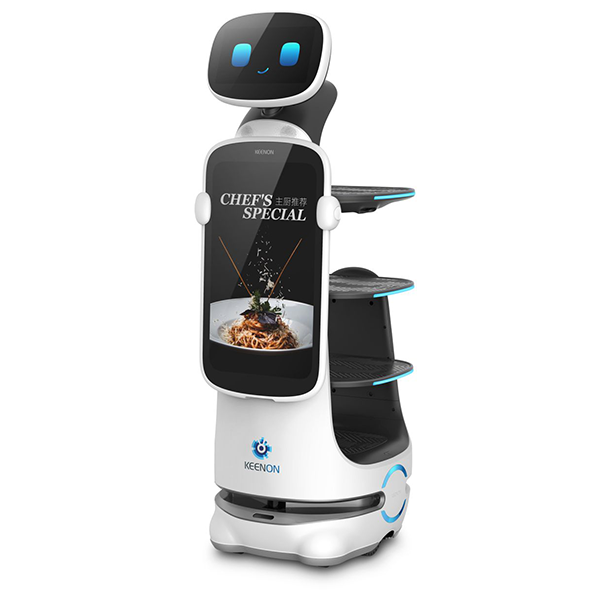 Robot server with a display showcasing food, moving on a blurred futuristic background.