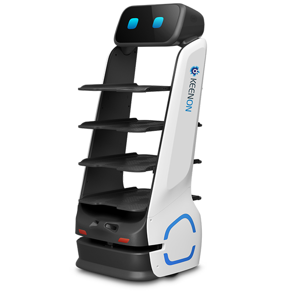 A delivery robot with shelves, white and black, on a purple podium.