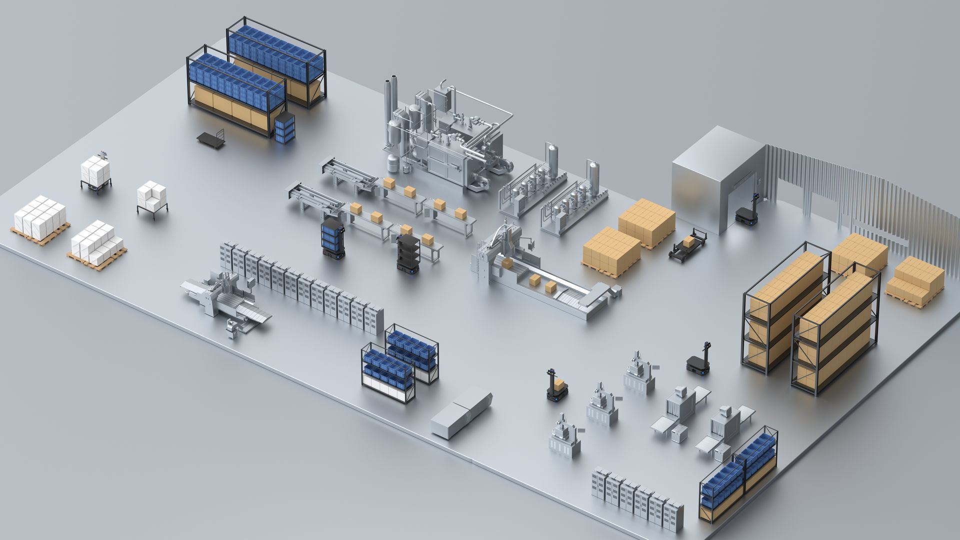 Industrial factory layout, overhead view. Assembly lines, containers, robots, and packaged goods on a metal surface.