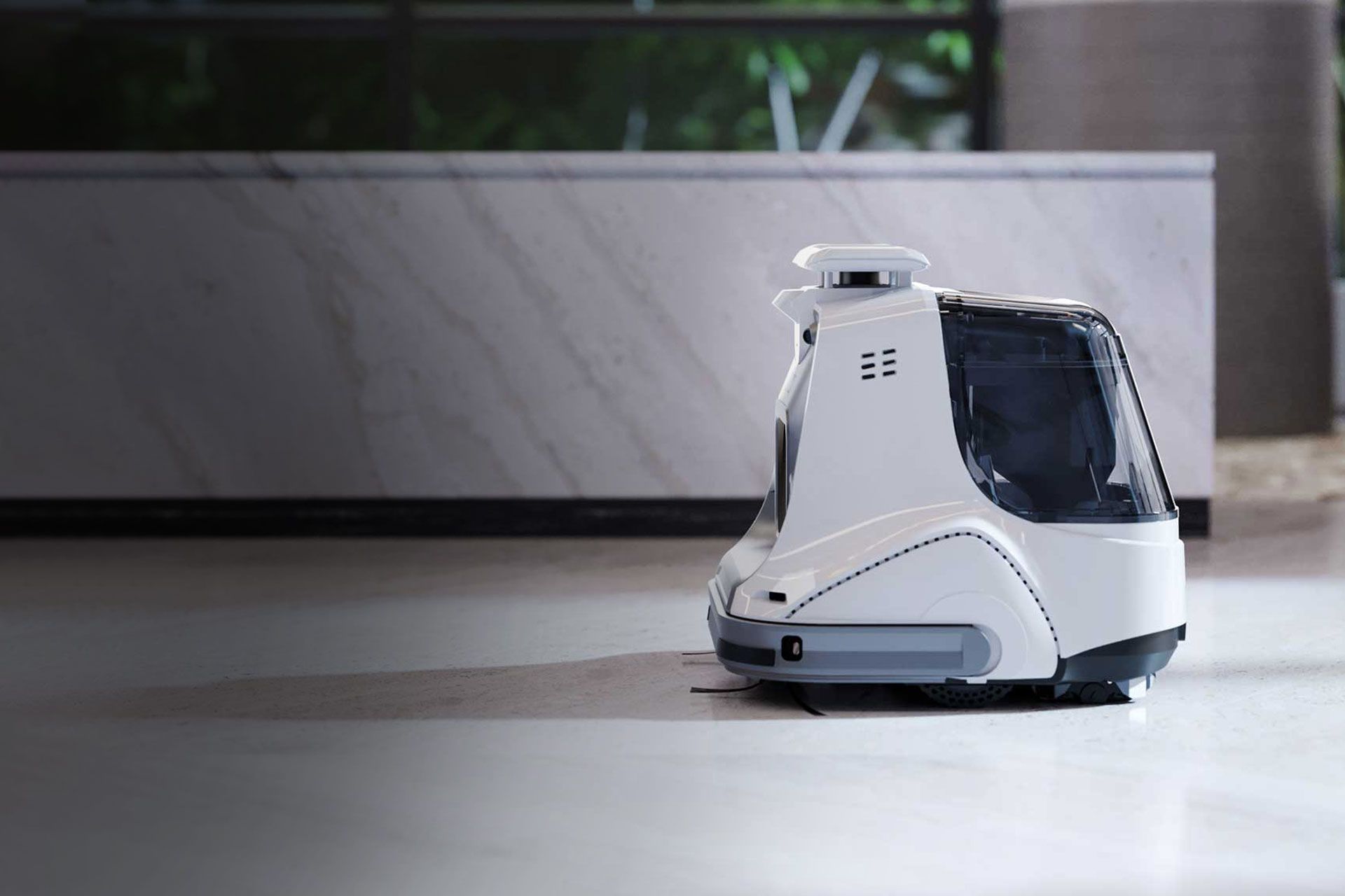White cleaning robot on a shiny floor, with a reflective background.
