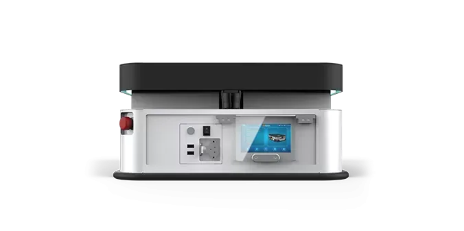 A person walks in a warehouse, robots on rails with blue light paths, near storage racks.